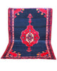 Tappeto Hamedan 200x119 cm, annodato a mano, con medaglione geometrico rosso, fondo blu notte e dettagli arancio.