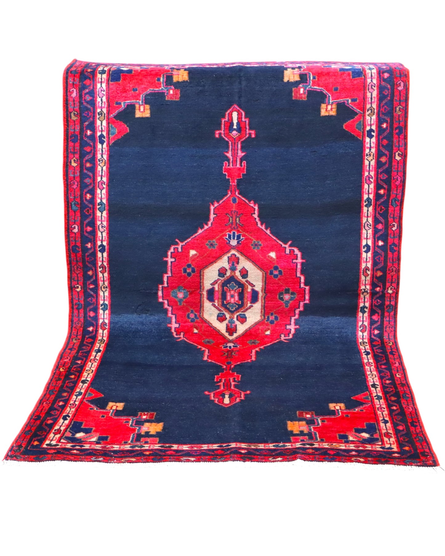 Tappeto Hamedan 200x119 cm, annodato a mano, con medaglione geometrico rosso, fondo blu notte e dettagli arancio.