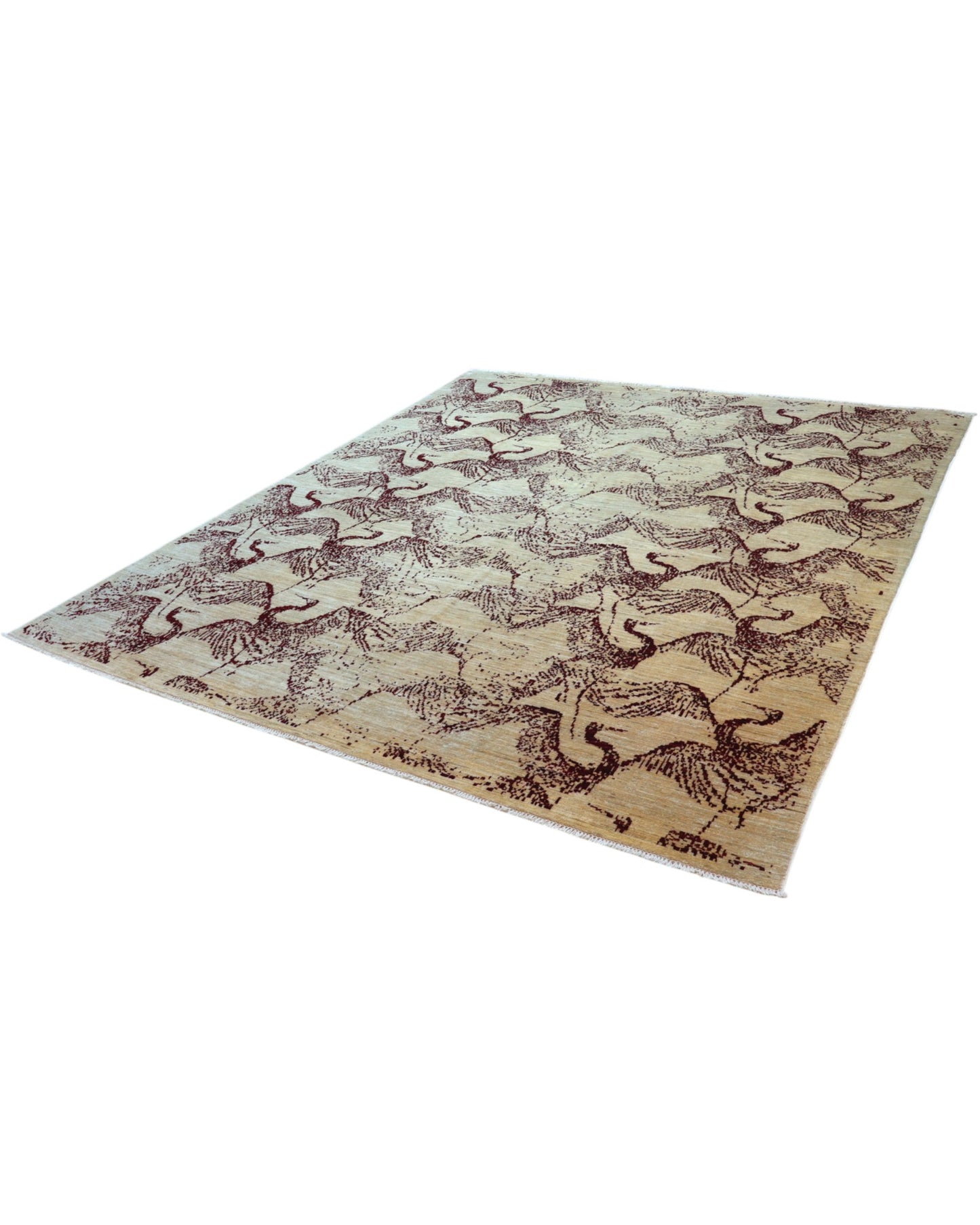 Tappeto Moderno persiano 293x243 cm con fondo beige e motivi astratti marrone scuro, tramato ed annodato a mano, artigianato persiano.