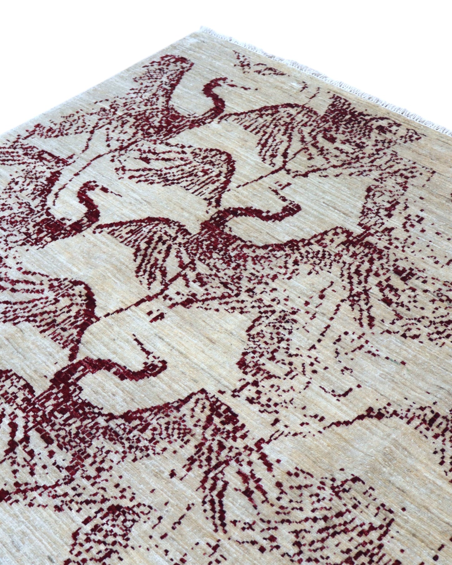 Tappeto Moderno persiano 293x243 cm con fondo beige e motivi astratti marrone scuro, tramato ed annodato a mano, artigianato persiano.