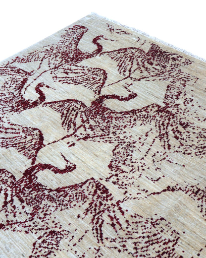 Tappeto Moderno persiano 293x243 cm con fondo beige e motivi astratti marrone scuro, tramato ed annodato a mano, artigianato persiano.