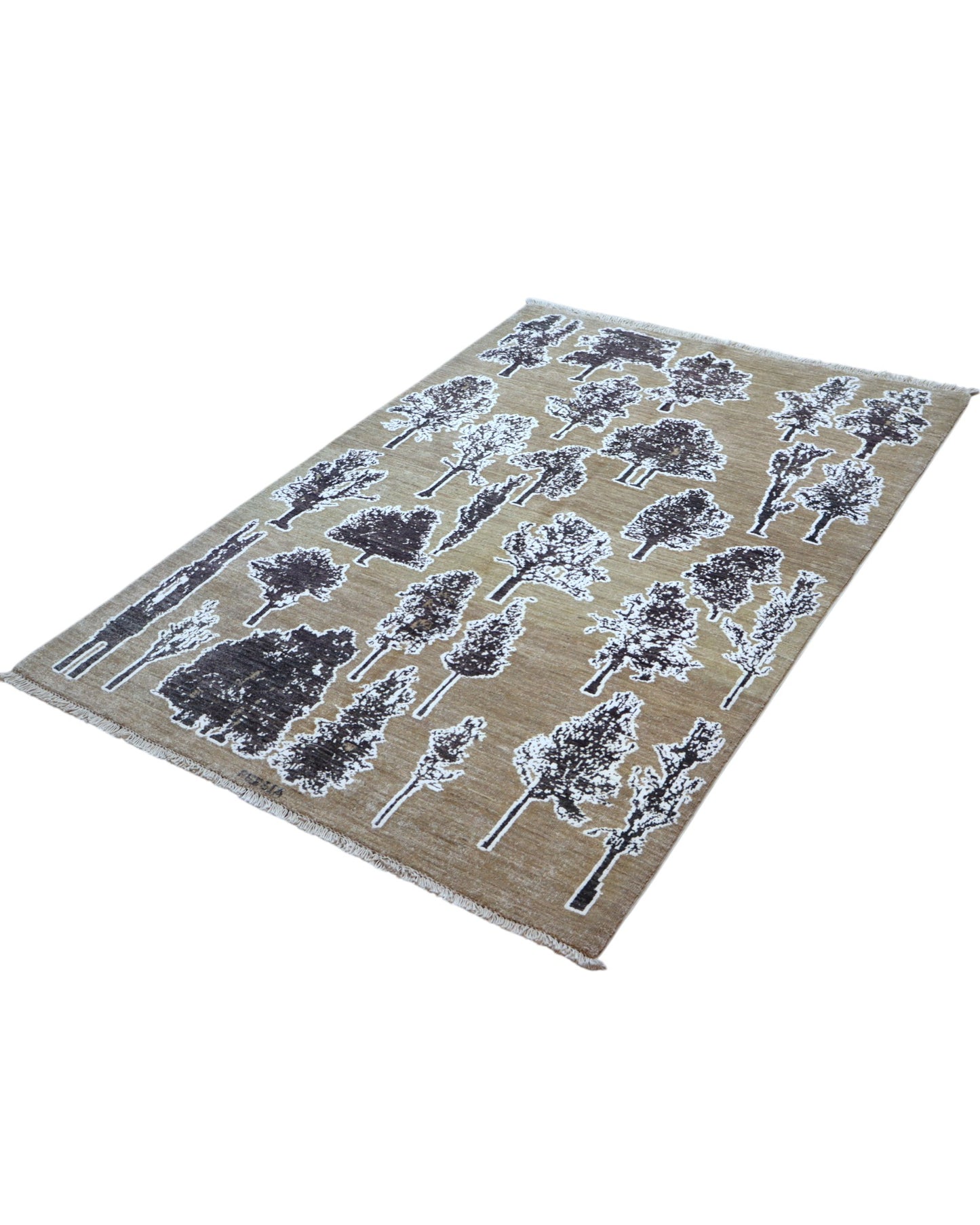 Tappeto Moderno 177x122 cm con fondo beige e motivi ad albero in nero e grigio, tramato ed annodato a mano, provenienza Afghanistan.