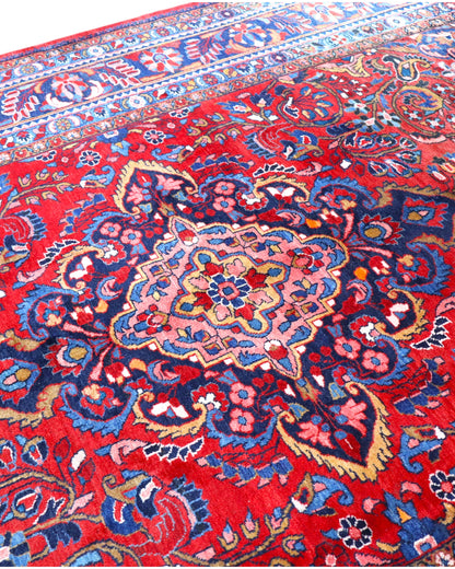 tappeto persiano Lilian annodato a mano 377x270 cm rosso con medaglione centrale e motivi floreali