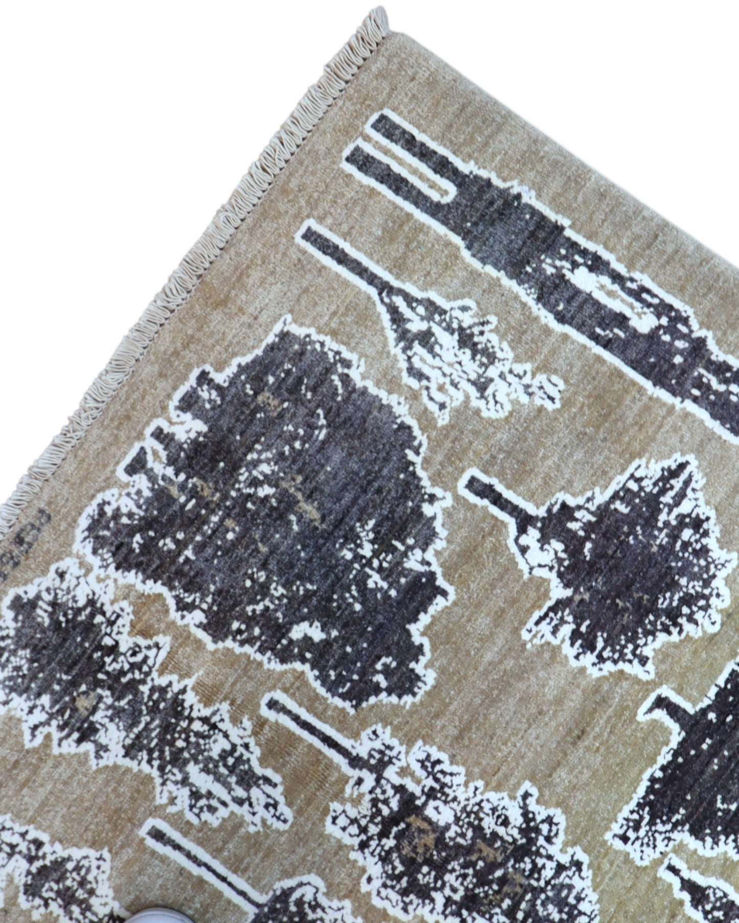 Tappeto Moderno 177x122 cm con fondo beige e motivi ad albero in nero e grigio, tramato ed annodato a mano, provenienza Afghanistan.