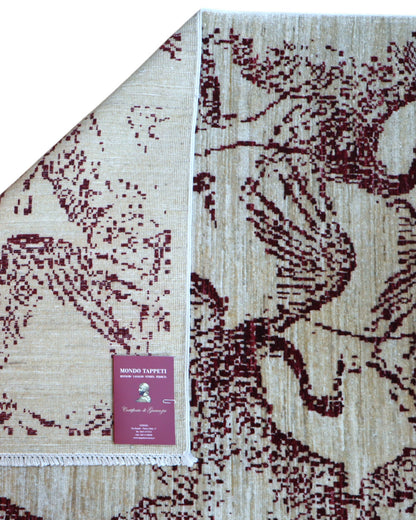 Tappeto Moderno persiano 293x243 cm con fondo beige e motivi astratti marrone scuro, tramato ed annodato a mano, artigianato persiano.