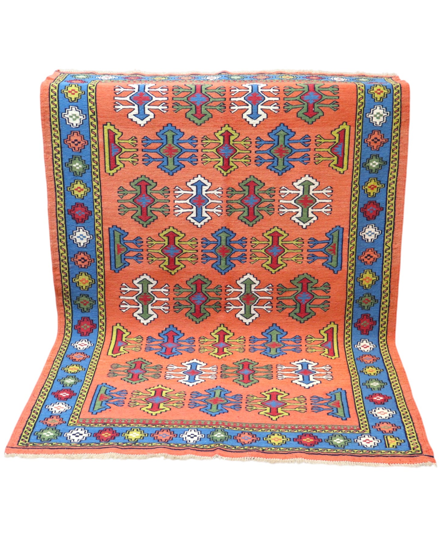 Tappeto Kilim Persia 166x120 cm tessuto a mano, con motivi geometrici multicolore su fondo arancio e bordo blu.