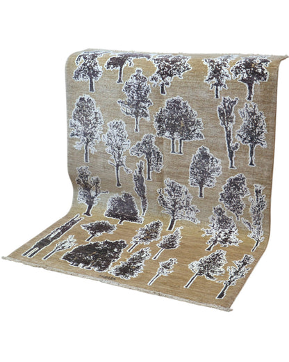 Tappeto Moderno 177x122 cm con fondo beige e motivi ad albero in nero e grigio, tramato ed annodato a mano, provenienza Afghanistan.