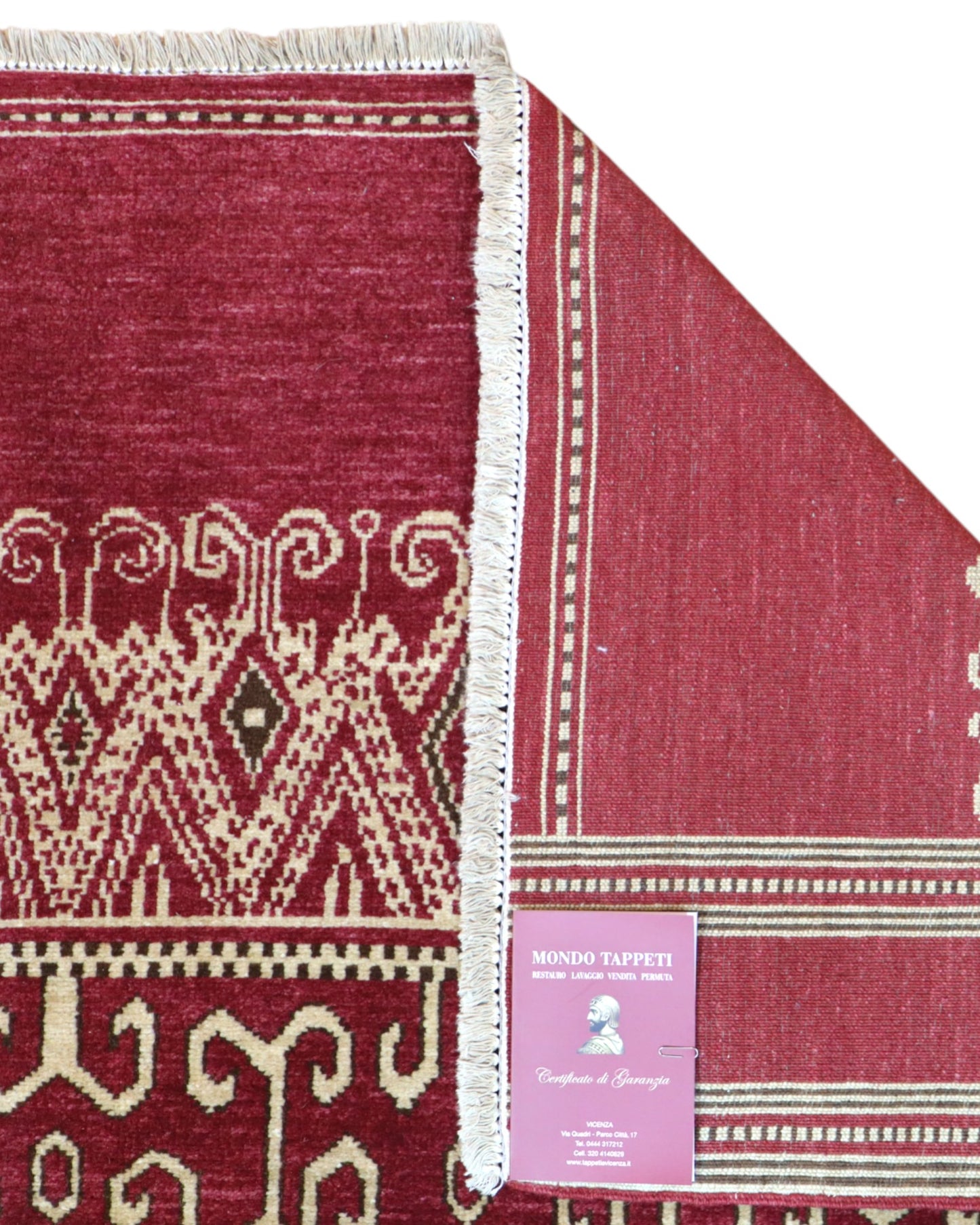 Tappeto Moderno persiano 271x183 cm con fondo bordeaux e motivi geometrici beige, tramato ed annodato a mano.