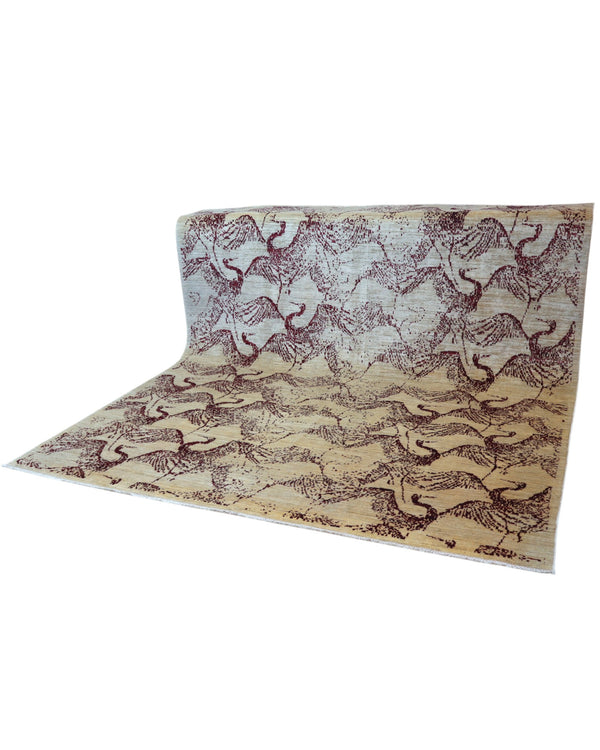 Tappeto Moderno persiano 293x243 cm con fondo beige e motivi astratti marrone scuro, tramato ed annodato a mano, artigianato persiano.