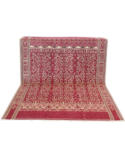 Tappeto Moderno persiano 271x183 cm con fondo bordeaux e motivi geometrici beige, tramato ed annodato a mano.