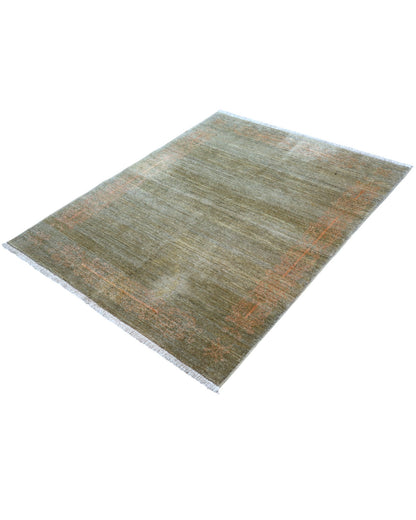 Tappeto Moderno 163x127 cm, lana annodata a mano, fondo grigio-marrone con decorazioni tono su tono aranciate.