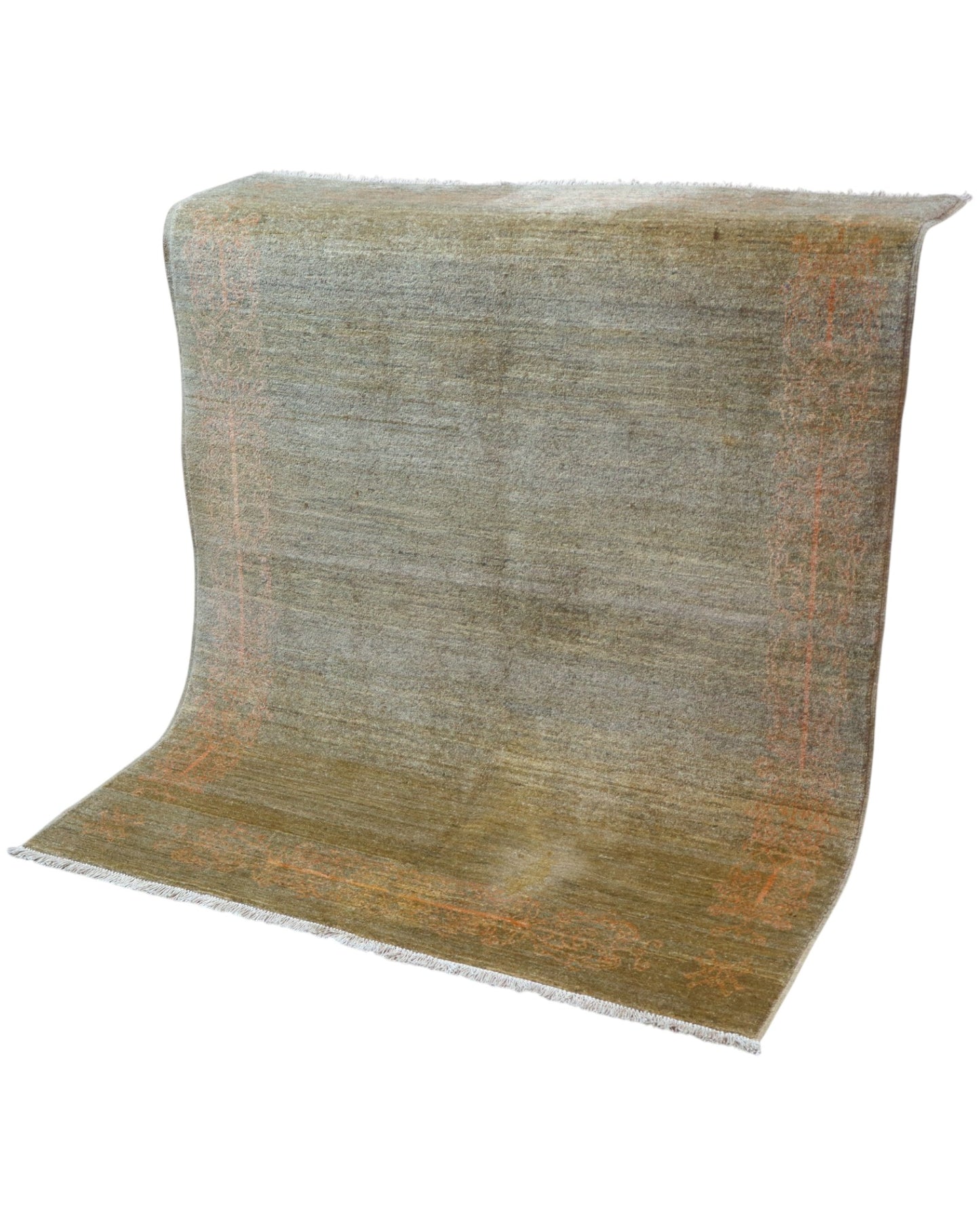 Tappeto Moderno 163x127 cm, lana annodata a mano, fondo grigio-marrone con decorazioni tono su tono aranciate.