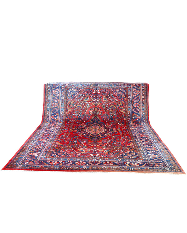 tappeto persiano Lilian annodato a mano 377x270 cm rosso con medaglione centrale e motivi floreali