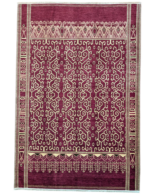 Tappeto Moderno persiano 271x183 cm con fondo bordeaux e motivi geometrici beige, tramato ed annodato a mano.