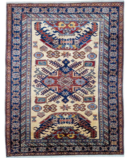 Tappeto Shirvan Afghan 157x121 cm con fondo avorio, motivi geometrici blu e rossi, tramato ed annodato a mano, provenienza Afghanistan.