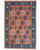 Tappeto Kilim Persia 166x120 cm tessuto a mano, con motivi geometrici multicolore su fondo arancio e bordo blu.
