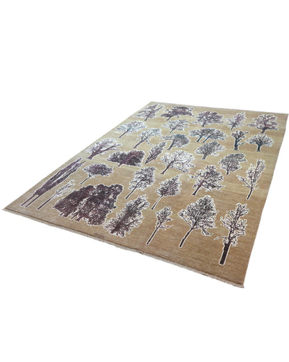 Tappeto moderno 300x202 cm Persia con motivo di alberi stilizzati su fondo beige, annodato a mano in lana naturale.