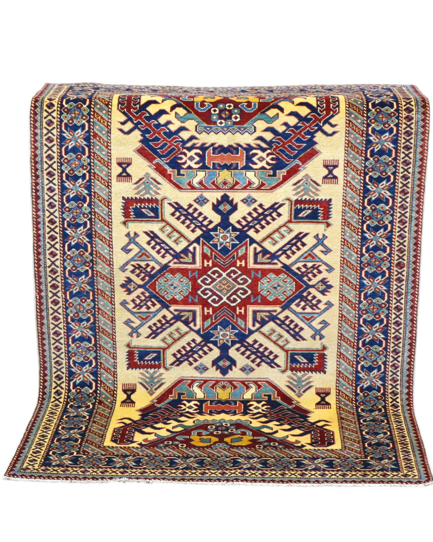 Tappeto Shirvan Afghan 164x117 cm, annodato a mano, con campo avorio, medaglione geometrico centrale e bordo decorato.