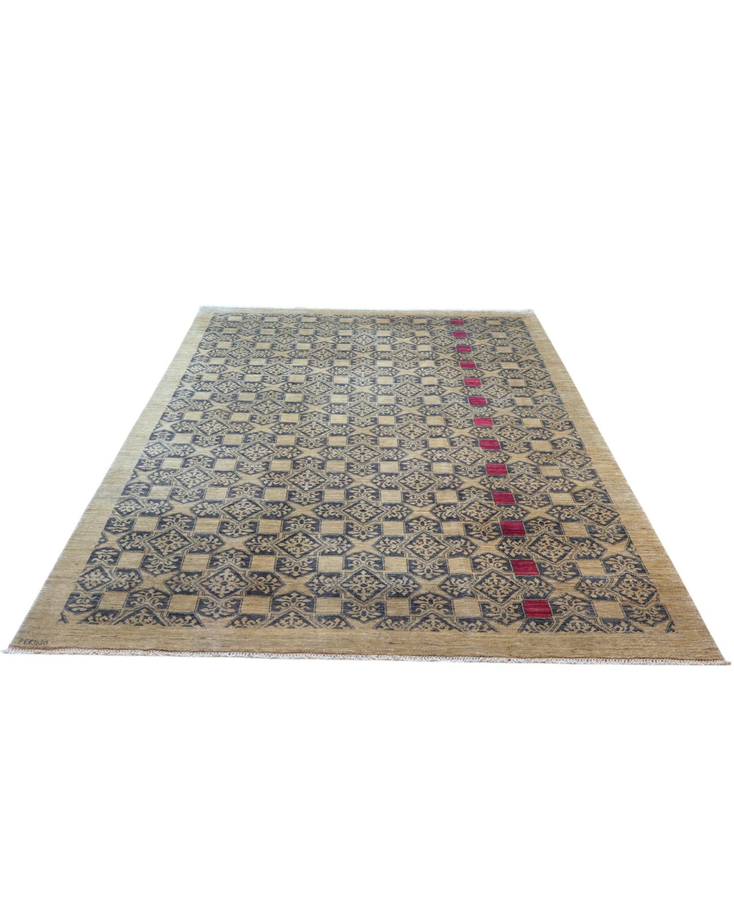 Tappeto Moderno persiano 313x206 cm con fondo beige neutro, motivi geometrici neri e dettagli fucsia, tramato ed annodato a mano.