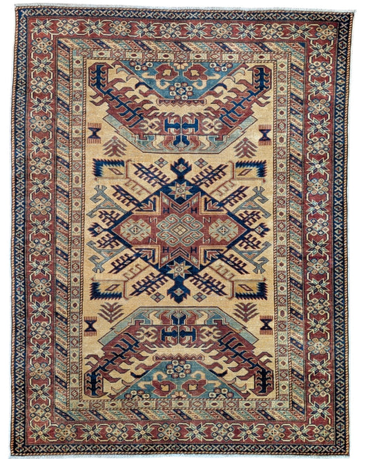 Tappeto Shirvan Afghan annodato a mano 159x120 cm con motivi geometrici caucasici e colori vivaci.