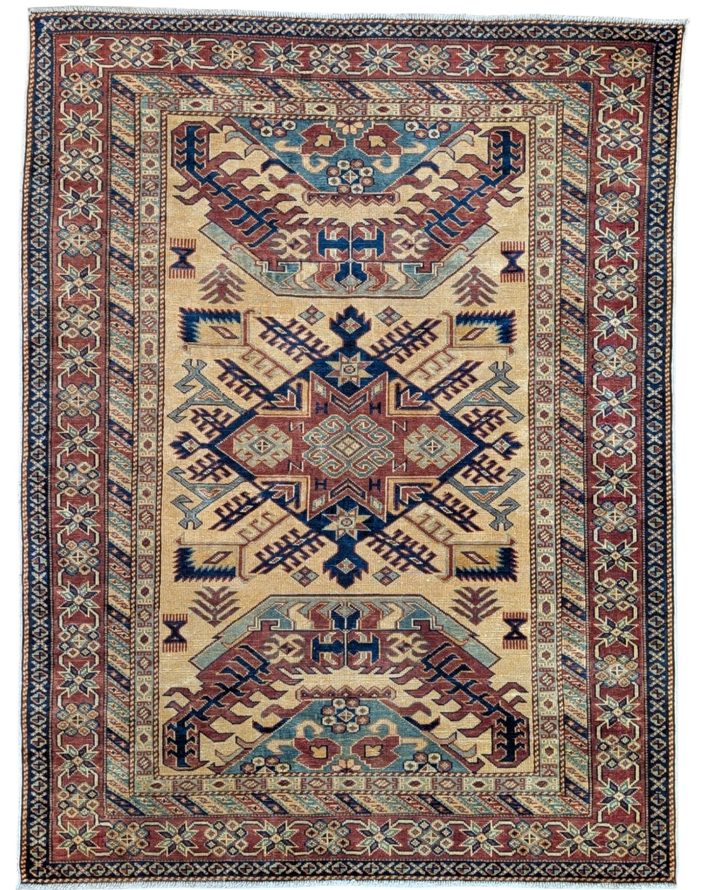 Tappeto Shirvan Afghan annodato a mano 159x120 cm con motivi geometrici caucasici e colori vivaci.