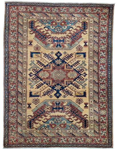 Tappeto Shirvan Afghan annodato a mano 159x120 cm con motivi geometrici caucasici e colori vivaci.