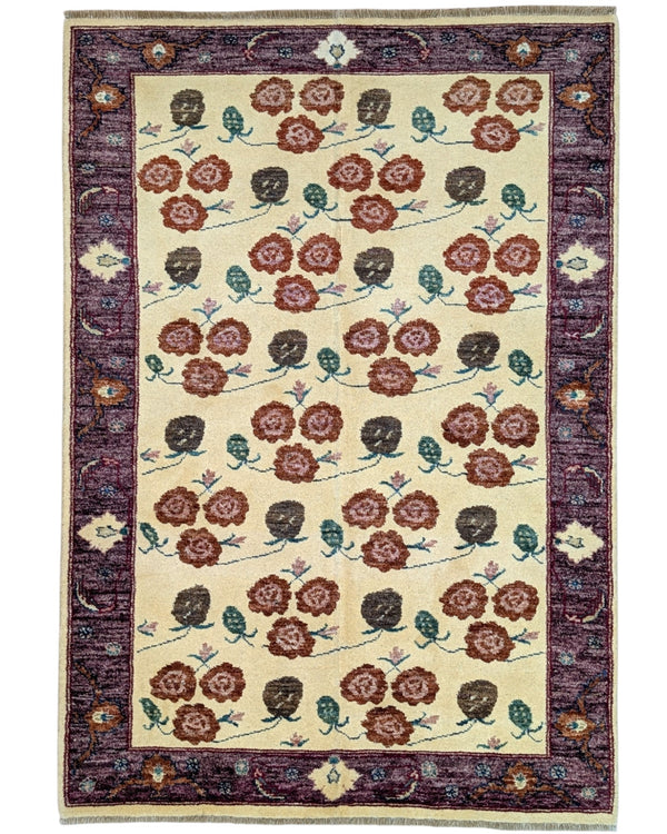 Tappeto Ziegler annodato a mano 180x126 cm con motivi floreali su fondo avorio e bordura viola.