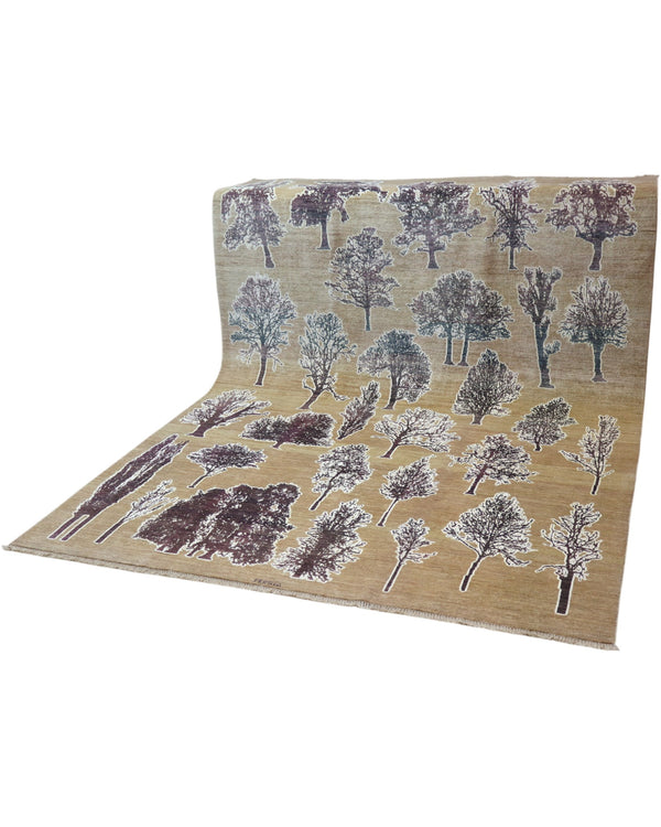 Tappeto moderno 300x202 cm Persia con motivo di alberi stilizzati su fondo beige, annodato a mano in lana naturale.