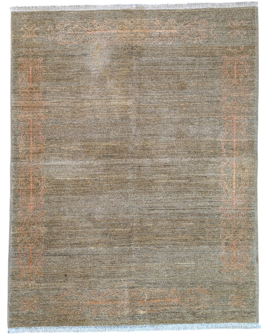 Tappeto Moderno 163x127 cm, lana annodata a mano, fondo grigio-marrone con decorazioni tono su tono aranciate.