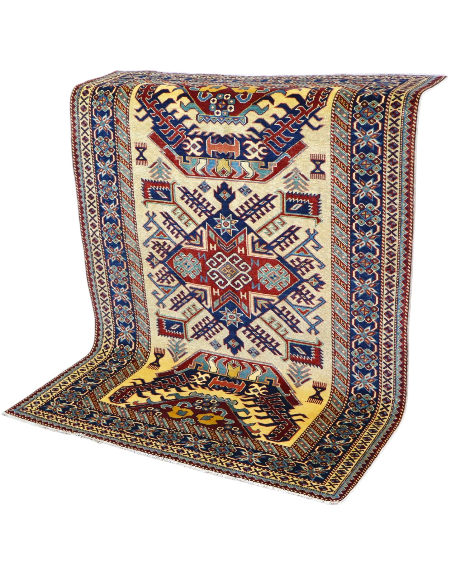 Tappeto Shirvan Afghan 164x117 cm, annodato a mano, con campo avorio, medaglione geometrico centrale e bordo decorato.
