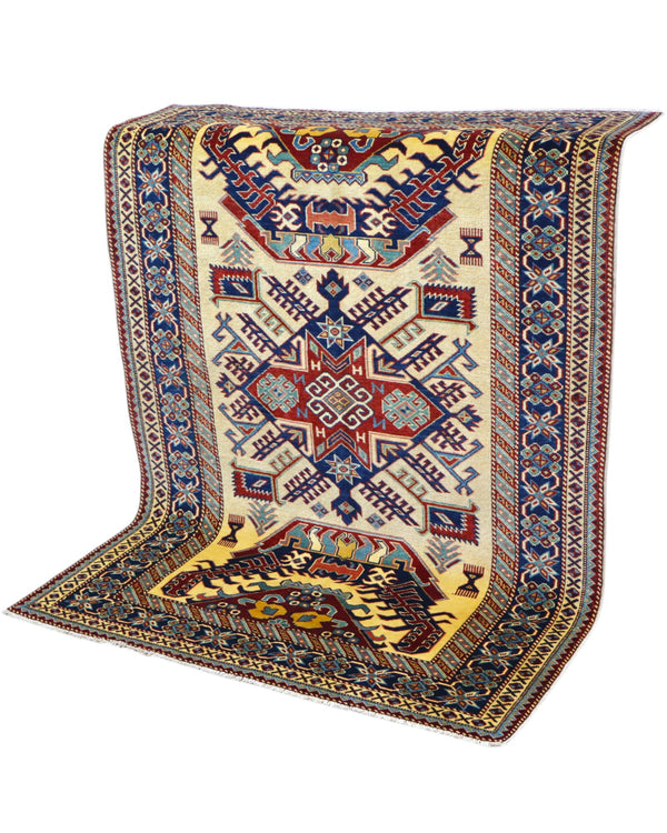 Tappeto Shirvan Afghan 164x117 cm, annodato a mano, con campo avorio, medaglione geometrico centrale e bordo decorato.