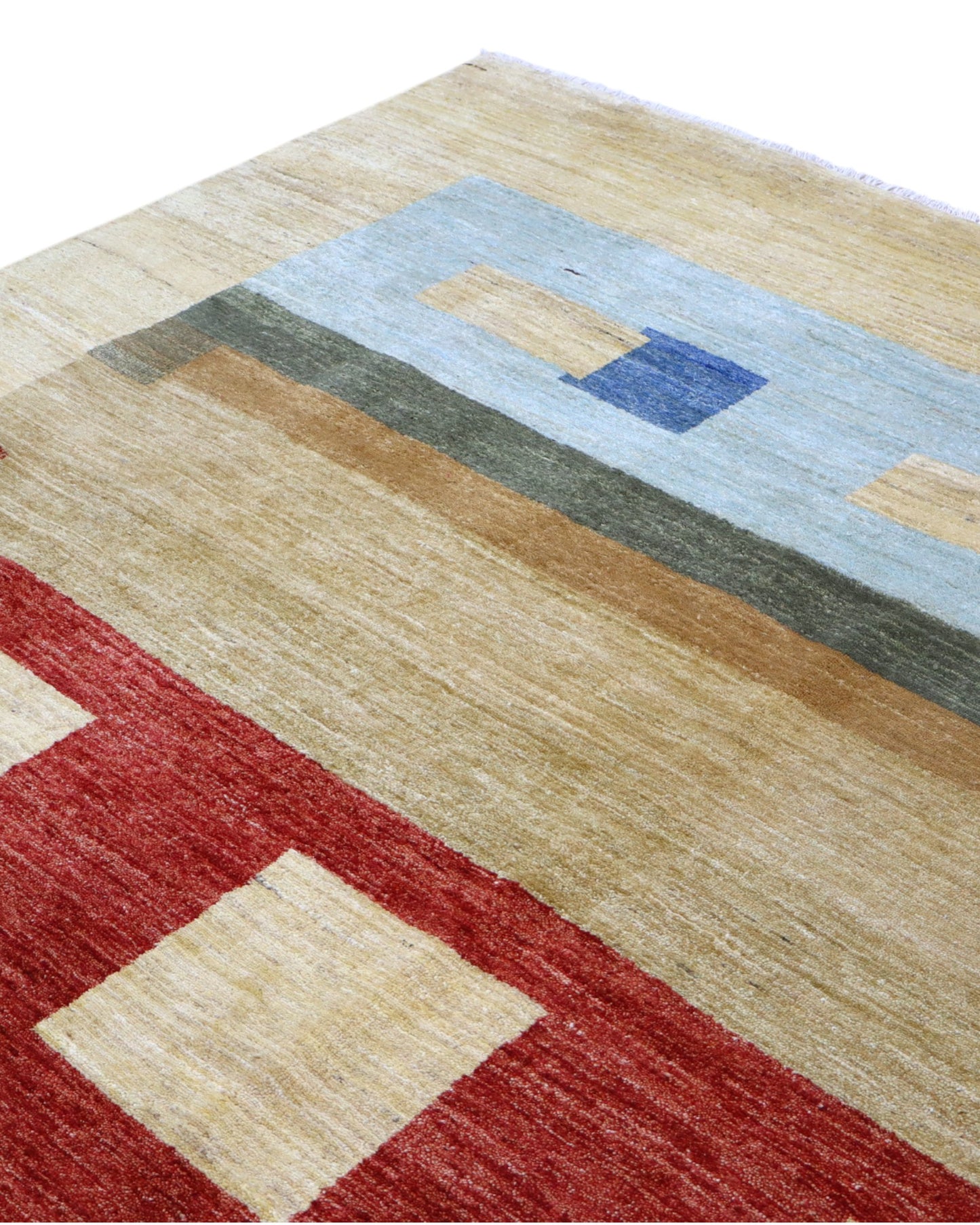 Tappeto moderno 306x246 cm Persia geometrico con rettangoli e fasce colorate. Annodato a mano in lana naturale.