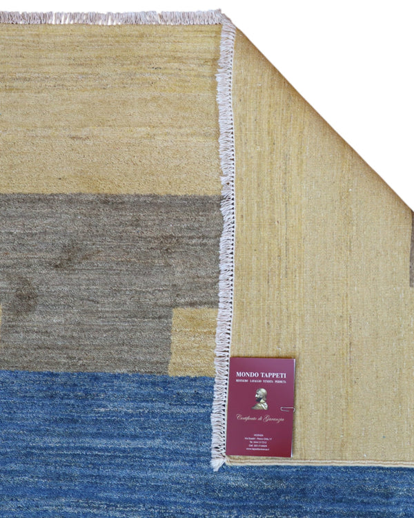 Tappeto moderno 306x246 cm Persia geometrico con rettangoli e fasce colorate. Annodato a mano in lana naturale.