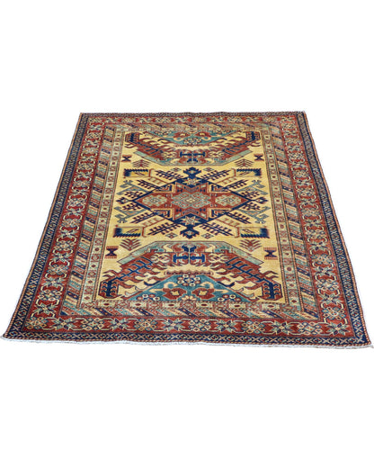 Tappeto Shirvan Afghan annodato a mano 159x120 cm con motivi geometrici caucasici e colori vivaci.