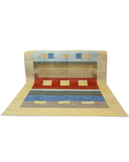 Tappeto moderno 306x246 cm Persia geometrico con rettangoli e fasce colorate. Annodato a mano in lana naturale.