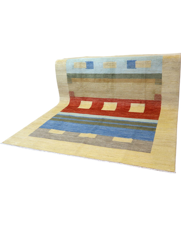 Tappeto moderno 306x246 cm Persia geometrico con rettangoli e fasce colorate. Annodato a mano in lana naturale.
