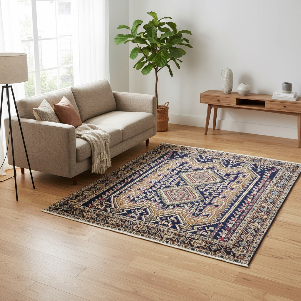 Tappeto Afshar "Castello Antico" in rosa antico e blu con motivi geometrici, annodato a mano in Persia con lana e cotone tinti con colori vegetali.