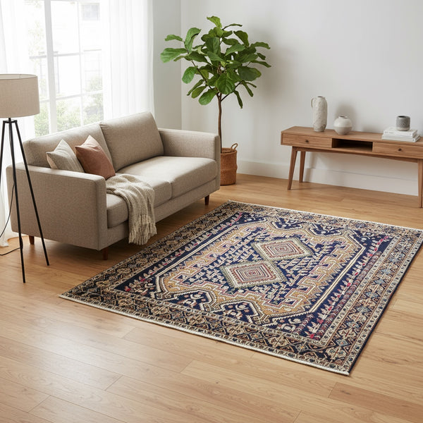 Tappeto Afshar "Castello Antico" in rosa antico e blu con motivi geometrici, annodato a mano in Persia con lana e cotone tinti con colori vegetali.