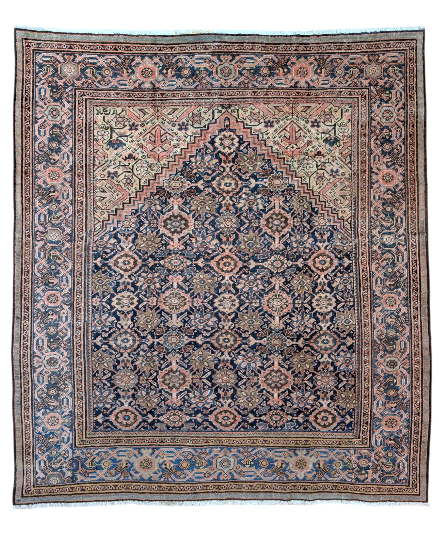 Tappeto Antico Malayer persiano, rosso, beige e blu con motivi geometrici stilizzati, annodato a mano, 233x207 cm.