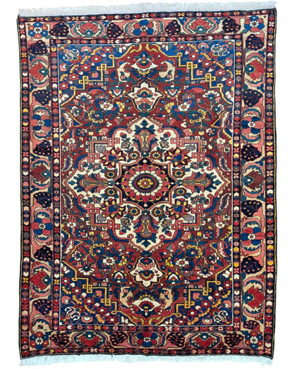 Tappeto Bakhtiyari rosso mattone con motivi decorativi, annodato a mano in Persia con lana e colori vegetali.