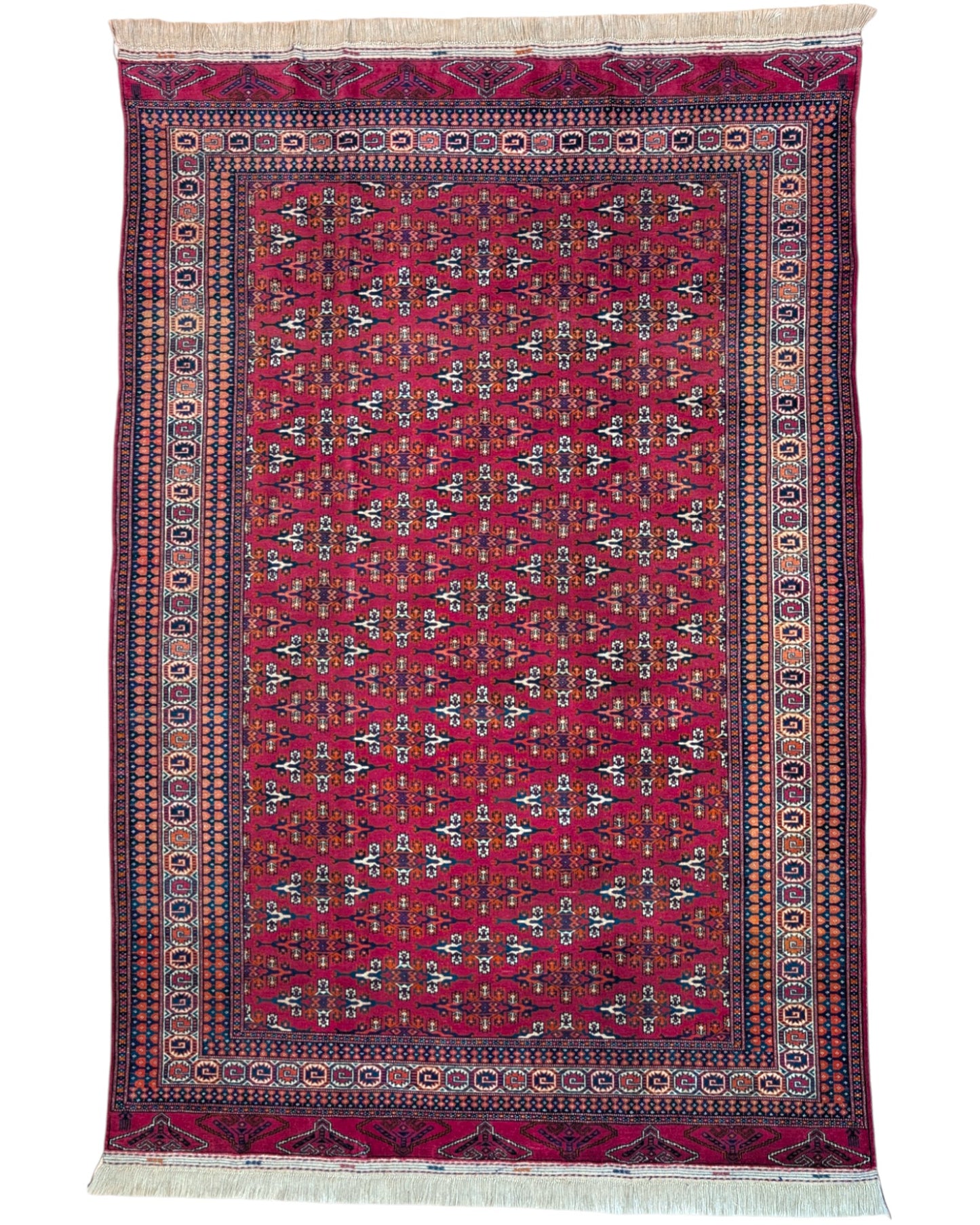 Tappeto Bokhara 280x180 cm con fondo rosso intenso e motivi geometrici blu, nero e avorio, tramato ed annodato a mano, provenienza Asia Centrale.