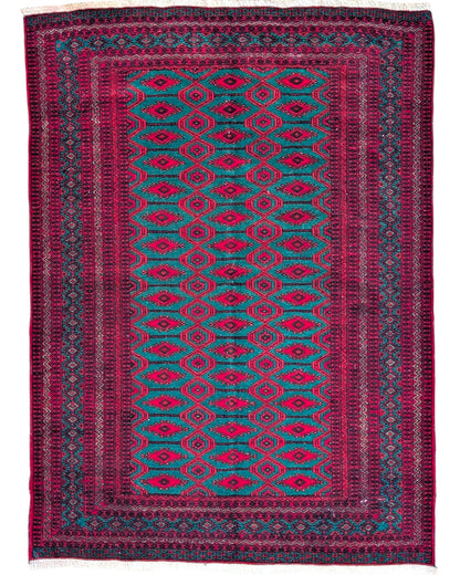 Tappeto Bukhara 172x126 cm annodato a mano, con motivi geometrici gul su fondo verde smeraldo e cornice rossa.