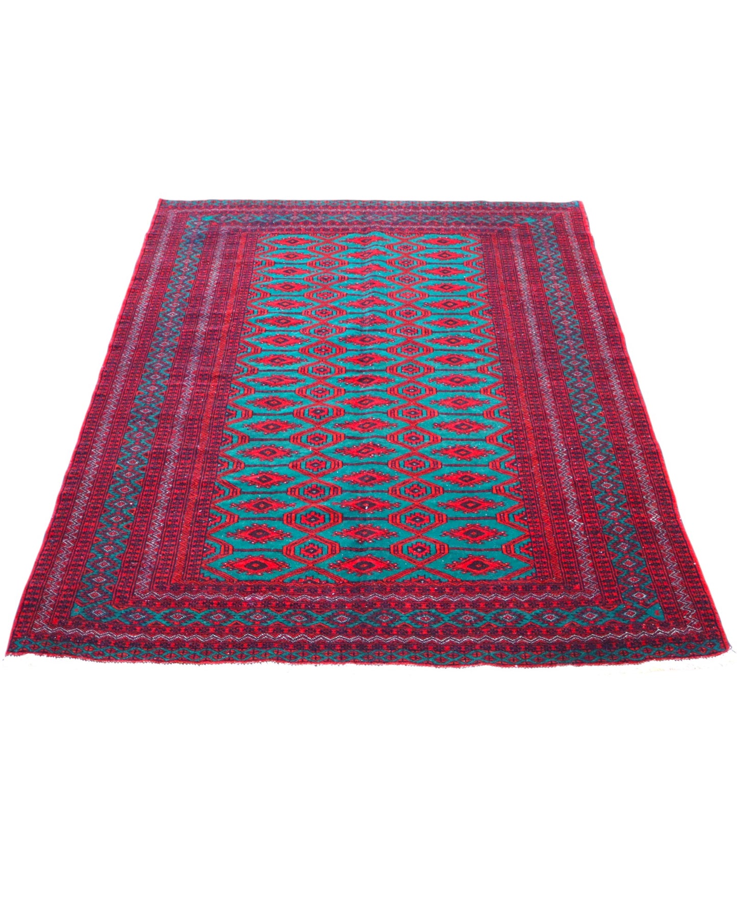 Tappeto Bukhara 172x126 cm annodato a mano, con motivi geometrici gul su fondo verde smeraldo e cornice rossa.