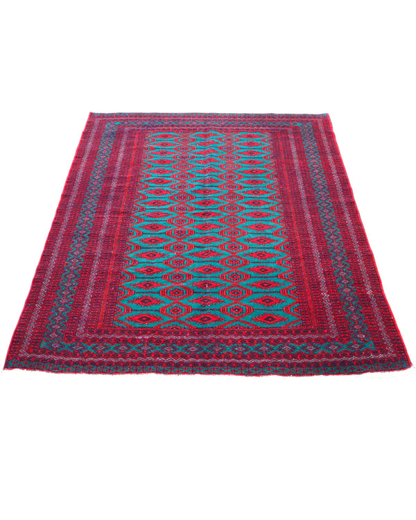 Tappeto Bukhara 172x126 cm annodato a mano, con motivi geometrici gul su fondo verde smeraldo e cornice rossa.