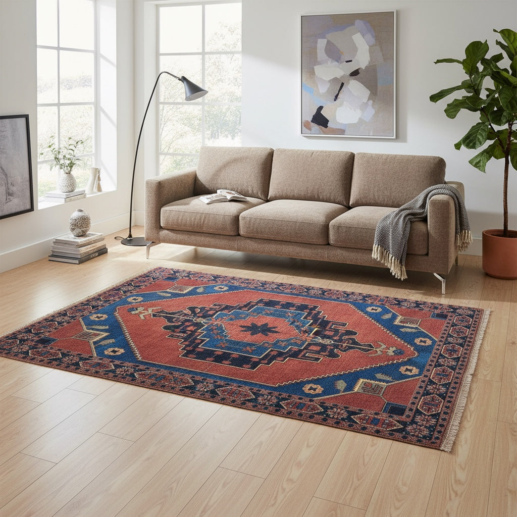 Tappeto Caucasico, annodato a mano, 238 x 196 cm, fondo rosso mattone con disegno geometrico.