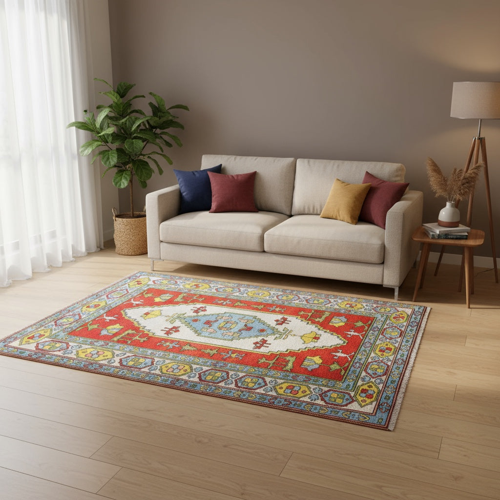 Tappeto Caucaso rosso con motivi geometrici tradizionali, annodato a mano in Turchia in pura lana tinta con colori vegetali.