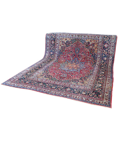 tappeto persiano Dorakhsh annodato a mano 379x262 cm rosso con medaglione centrale blu e motivi floreali arabescati