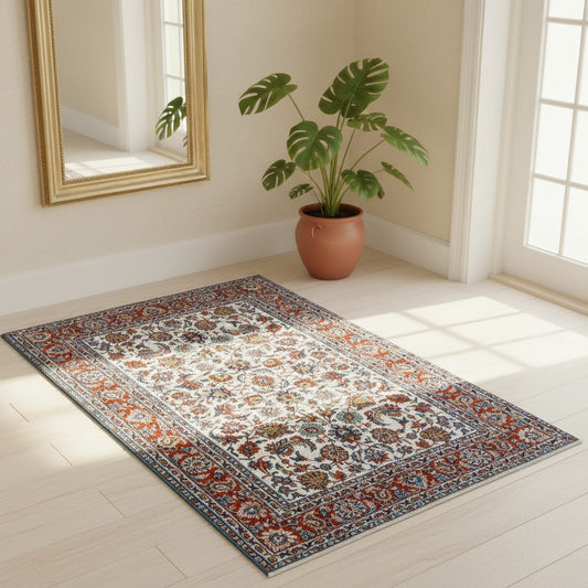 Tappeto Esfahan 182x124 cm annodato a mano, rettangolare, fondo chiaro con motivi floreali persiani, realizzato in cotone e lana con colori vegetali.