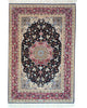 Tappeto Esfahan persiano 162x108 cm, annodato a mano, fondo blu notte con motivi decorativi, vello lana/seta con base in seta, colori vegetali, certificato di autenticità.