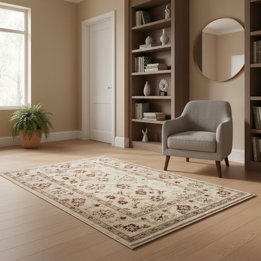 Tappeto Farahan Ziegler beige annodato a mano in Afghanistan. Realizzato in lana e cotone con colori vegetali, presenta motivi floreali raffinati e un’eleganza senza tempo.